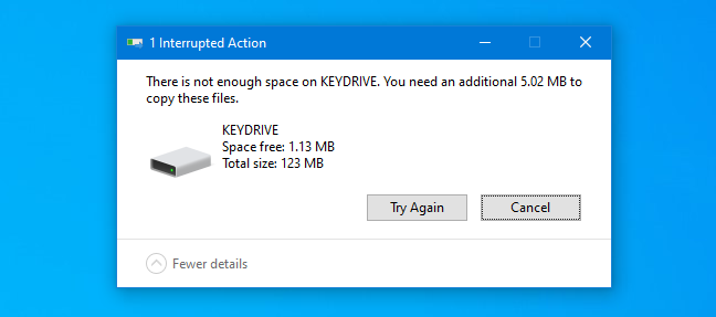 Pesan ruang tidak mencukupi di Windows 10.