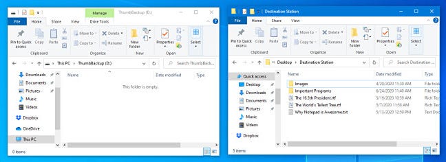 Dua jendela File Explorer terbuka berdampingan di Windows 10.