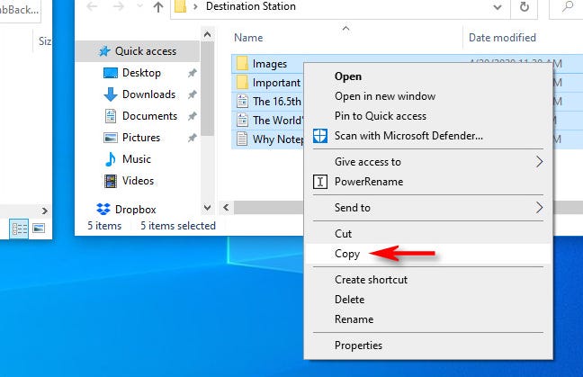 Di jendela sumber, klik kanan pilihan file dan pilih "Salin" dari menu pop-up di Windows 10.