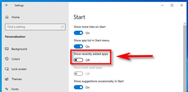 Di Pengaturan Windows 10, klik sakelar "Tampilkan aplikasi yang baru ditambahkan" untuk mematikannya.