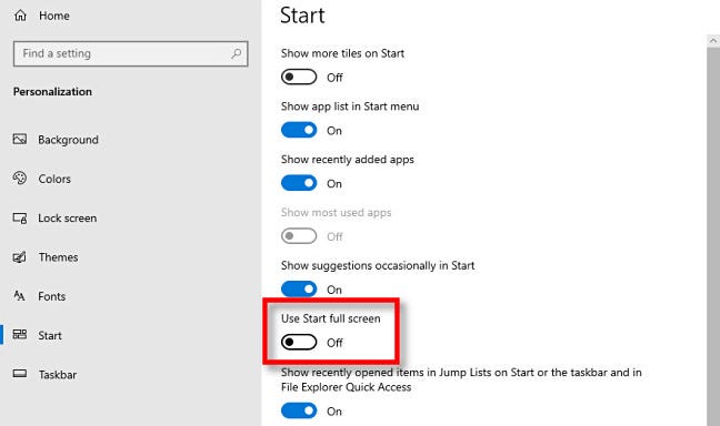 Di Pengaturan Windows 10, klik sakelar "Gunakan Mulai layar penuh".