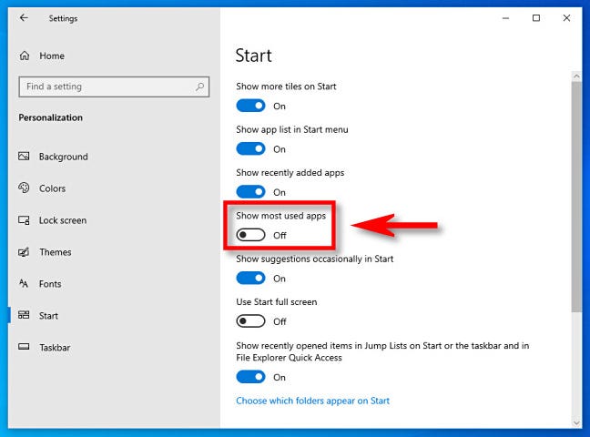 Di Pengaturan Windows 10, klik tombol "Tampilkan aplikasi yang paling sering digunakan" untuk mematikannya