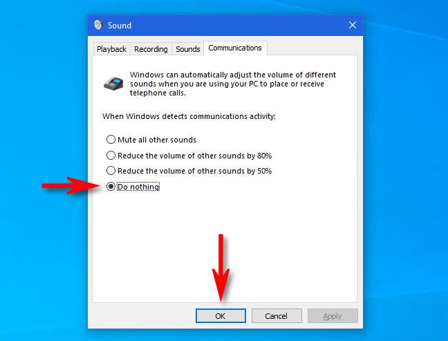 Di jendela "Suara" Windows 10, pilih "Jangan lakukan apa-apa," lalu klik "OK."