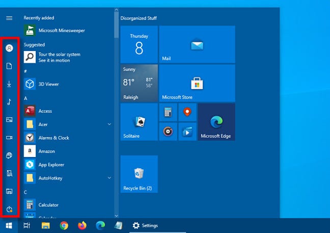 Bilah sisi pintasan yang diciutkan di menu Mulai Windows 10