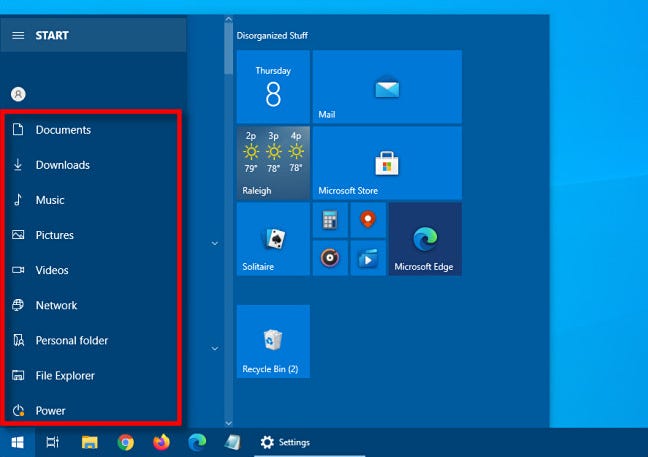 Bilah samping pintasan yang diperluas di menu Mulai Windows 10