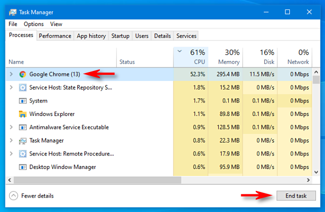 Pilih proses di Task Manager dan klik "End Task" di Windows 10.