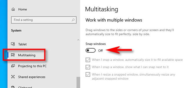 Di pengaturan Windows 10 Multitasking, ubah "Snap windows" menjadi "Off."