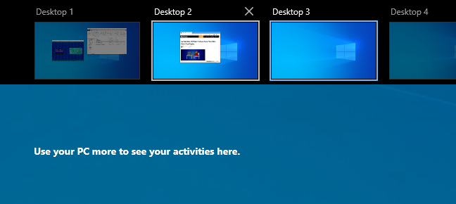 Di Tampilan Tugas Windows 10, jendela telah dipindahkan ke desktop virtual lain.