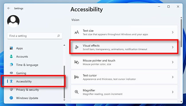 Di Pengaturan, klik "Aksesibilitas," lalu "Efek Visual."