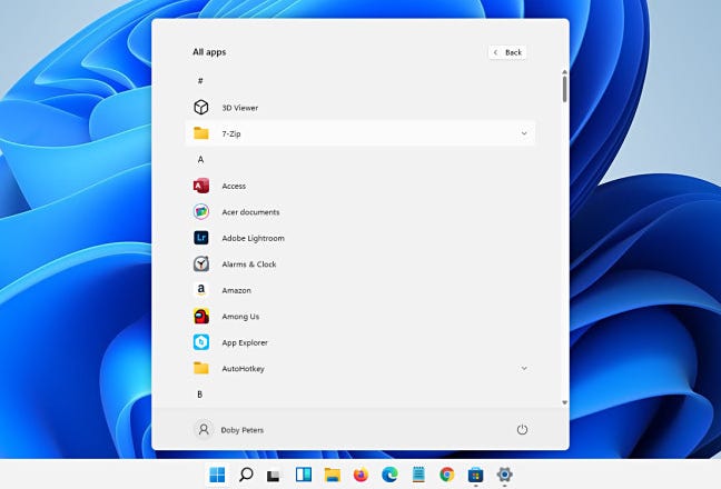 Daftar "Semua Kegunaan" Windows 11.