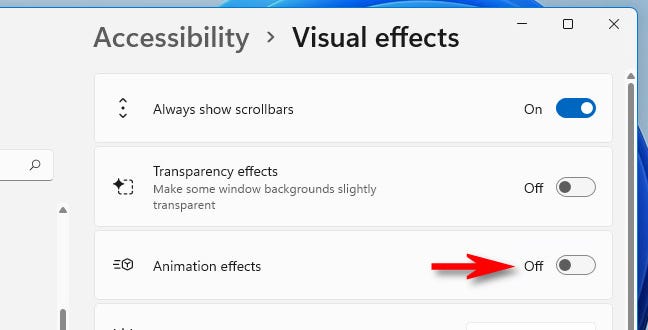 Dalam pengaturan Efek Visual, alihkan "Efek Animasi" ke "Nonaktif."