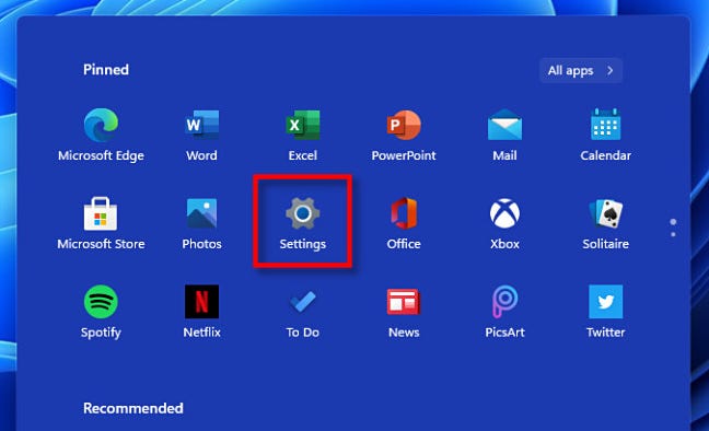 Klik "Pengaturan" di menu Mulai Windows 11.