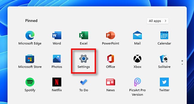 Di menu Mulai Windows 11, klik "Pengaturan."