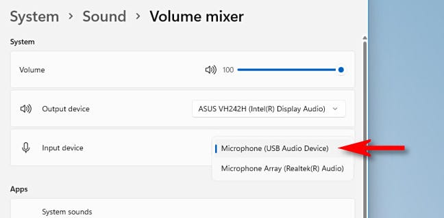 Di Volume Mixer, pilih mikrofon dengan menu tarik-turun "Input".