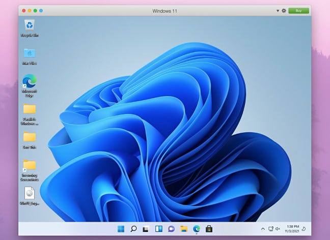 Desktop Windows 11 terlihat di Parallels di Mac.