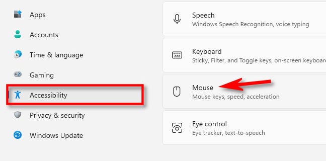 Di Pengaturan, klik "Aksesibilitas," lalu pilih "Mouse."
