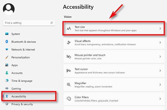 Di Pengaturan, klik "Aksesibilitas" di bilah sisi, lalu klik "Ukuran Teks."