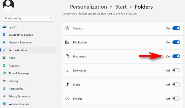 Di menu Personalisasi  Mulai  Folder, aktifkan folder apa pun yang ingin Anda lihat di menu Mulai.