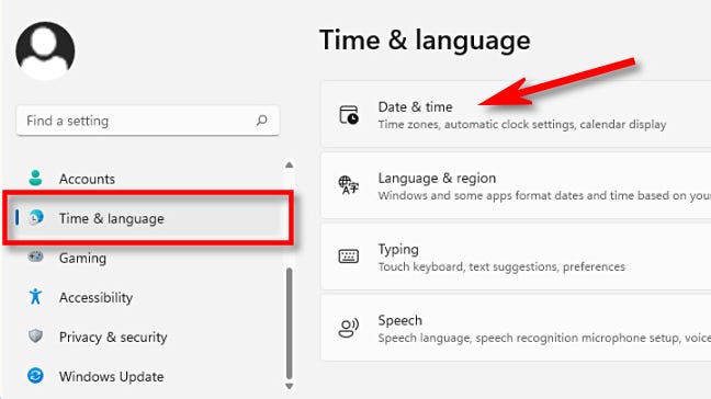 Di Pengaturan Windows 11, pilih "Waktu & Bahasa," lalu klik "Tanggal & Waktu."