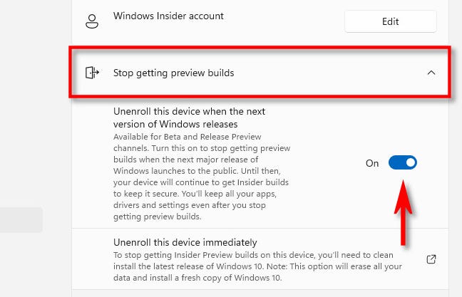 Alihkan "Batalkan pendaftaran perangkat ini saat versi Windows berikutnya dirilis" ke "Aktif".