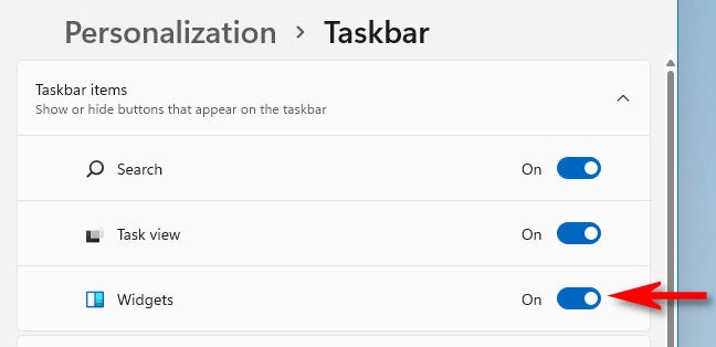 Anda dapat mematikan atau menghidupkan tombol taskbar Windows 11 Widgets di Settings  Personalization  Taskbar.