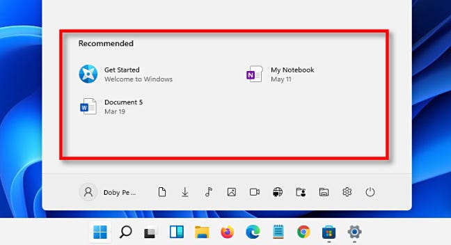 Bagian "Direkomendasikan" dari menu Mulai Windows 11.