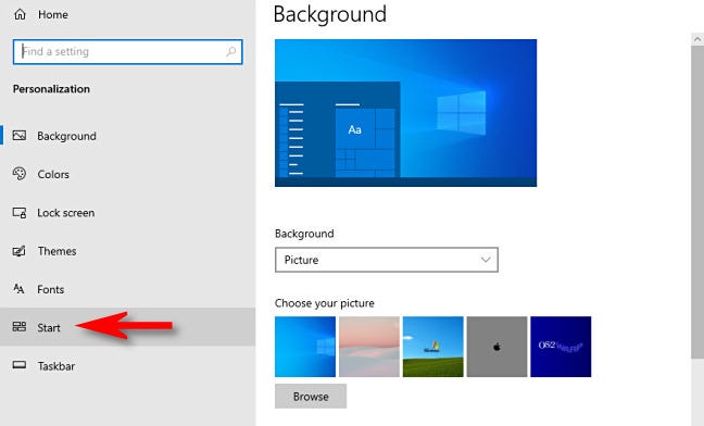 Di Pengaturan Windows 10, klik "Mulai" di bilah sisi.