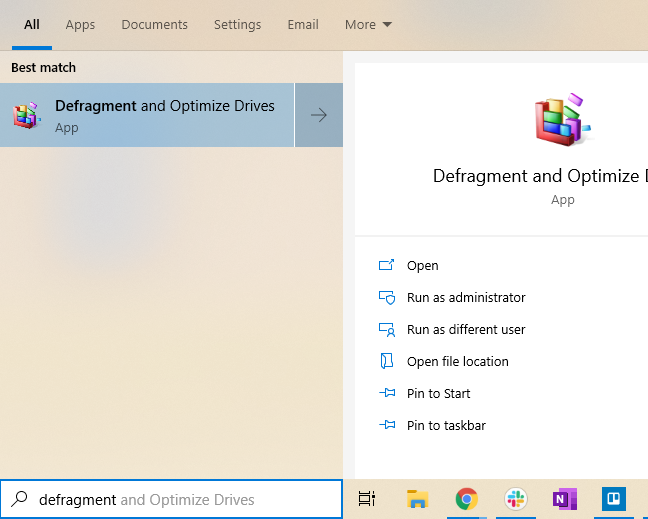 Meluncurkan Disk Defragmenter dari menu Start Windows 10