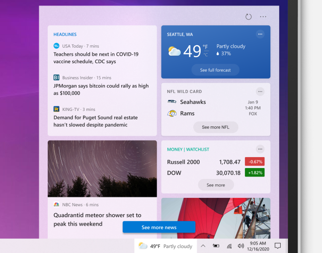 Panel "Berita dan minat" di bilah tugas Windows 10.