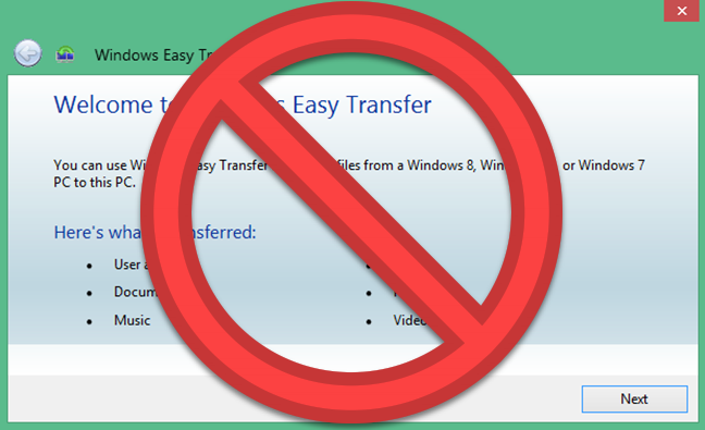 Program transfer Windows Easy dengan simbol "NO" di atasnya.