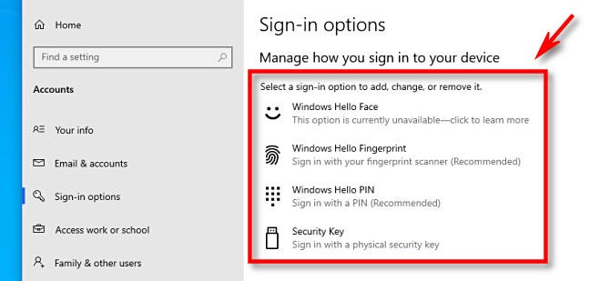 Opsi masuk Windows Hello seperti yang terlihat di Pengaturan Windows 10.