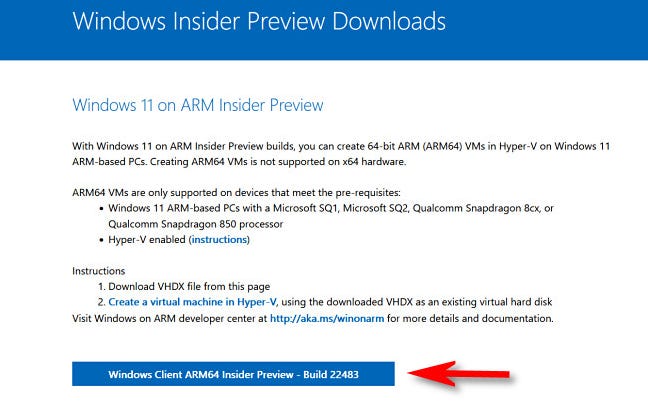 Unduh ARM64 Windows 11 Insider Preview.