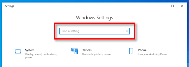 Temukan bilah pencarian Pengaturan Windows di Windows 10.