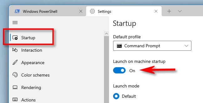 Di Pengaturan Terminal Windows, klik "Mulai" di bilah sisi, lalu aktifkan "Luncurkan saat memulai mesin".