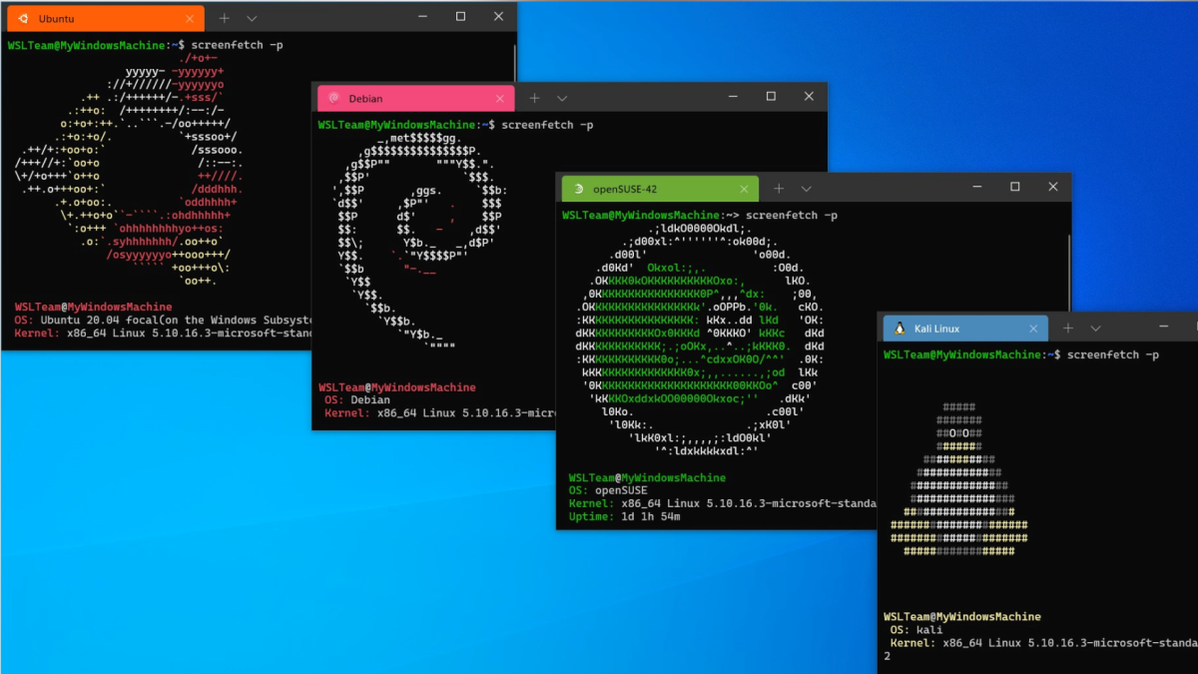 Ubuntu, Debian, openSUSE, dan Kali Linux berjalan di WSL pada Windows.