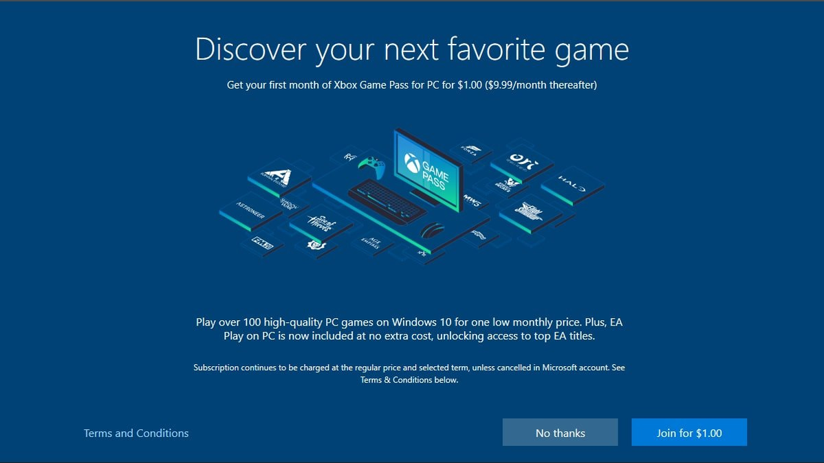 Iklan Xbox Game Pass Microsoft selama proses Pengaturan Windows 10.