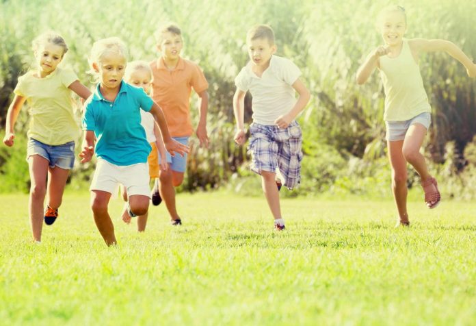 Anak-anak berlari di rumput di musim panas
