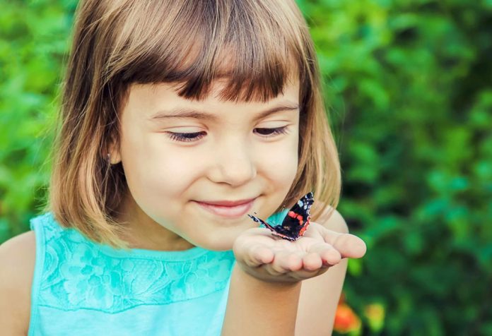 Seorang gadis kecil dengan kupu-kupu beristirahat di telapak tangannya