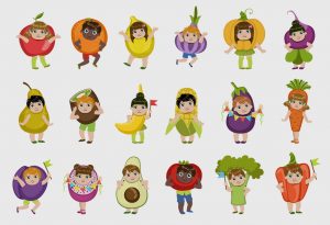 Ilustrasi anak-anak berpakaian seperti buah-buahan dan sayuran