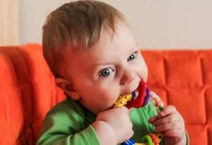 Seorang bayi berusia 7 bulan menggerogoti teether