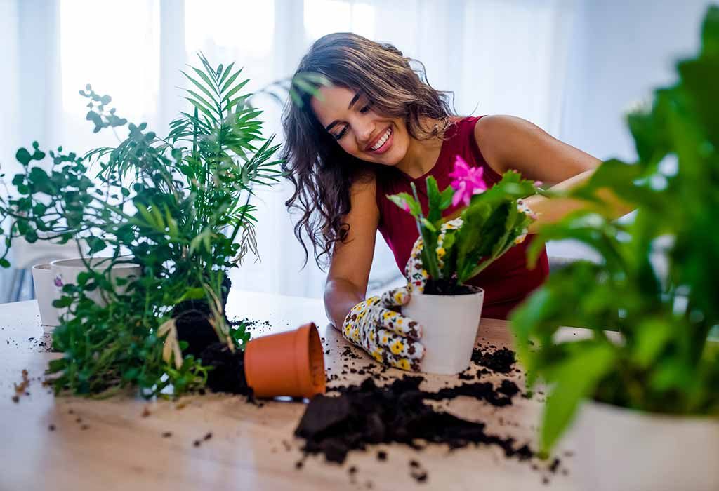 Wanita muda menanam kembali tanaman