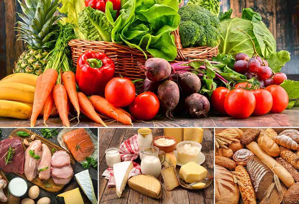buah-buahan dan sayuran, berbagai jenis daging, susu, dan roti
